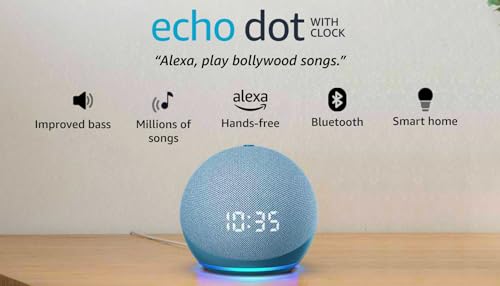 Amazon Echo Dot 4th Gen with clock | Smart speaker with powerful bass, LED display and Alexa (Blue)