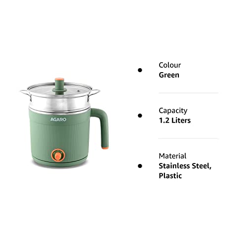 AGARO Regency Multi Cook Kettle With Steamer, 1.2L Inner Pot, Double Layered Body, Variable Temperature Settings, Wide Mouth, Boiling, Steaming, Tea, Coffee, Egg, Vegetable Boiling, 600W, Sea Green