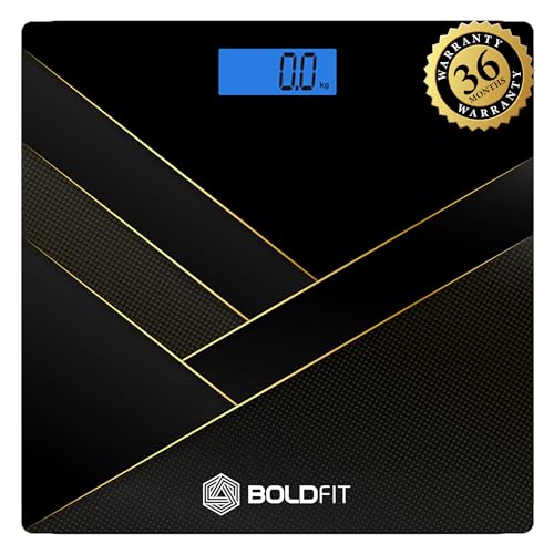 Boldfit Weight Machine for Body Weight Weighing Machine Digital Bathroom Scale for Human Body Weight Measurement Extra Thick Weighing Scale for Home with Large LCD Display 36Months Warranty-BlackGold