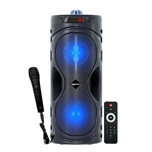 Amazon Basics Party Speaker with Karaoke Mic, 16W, 4" Double Woofer, RGB Light, 1800 mAh Battery, Digital Display, Remote Control, Bluetooth/Aux/USB Port/SD Card Connectivity