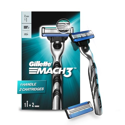 Gillette Mach 3 (Handle + 2 Cartridges) Razor for Men,Value Pack with 3 Anti-Friction blades, Dynamic Pivot for Smooth & Comfortable shave,Ergonomic handle & Lubrastrip|For safe shave & sensitive skin