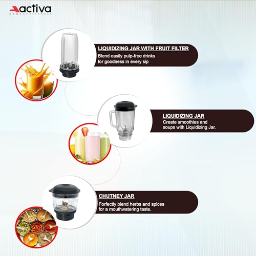 ACTIVA Easy Mix Nutri 2 Jar Mixer Grinder Powerful 500 Watt Motor | Long Lasting Shock Proof Abs Body | Heavy Duty Motor With Nano - Grinding Technology, Black come with 2 year warranty