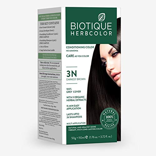 Biotique Herbcolor Conditioning Hair Colour l Ammonia Free Hair Color l 9 Organic Herbal Extracts l Natural and Healthy Shine l 50g + 110ml| Darkest Brown 3N (Pack of 1)