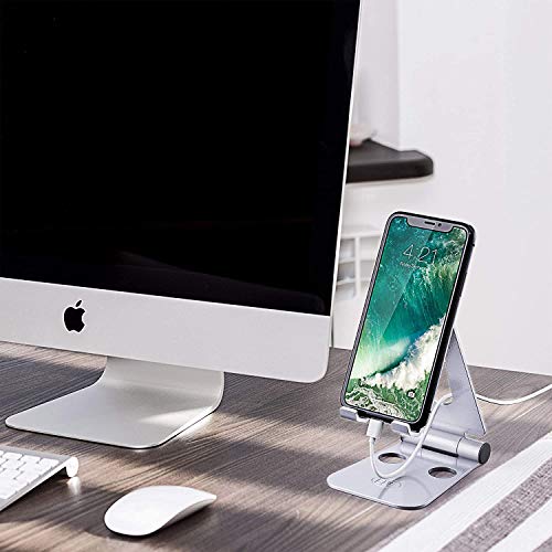 Elv Aluminium Adjustable Mobile Phone Foldable Holder Tabletop Stand Dock Mount for All Smartphones, Tabs, Kindle, iPad (Moonlight Silver)