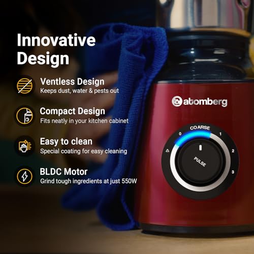 Atomberg Zenova Mixer Grinder with Unique Coarse Mode | Advanced Safety Features | 4 Jars including Chopper Jar with Hands Free Operation (Red Wine)