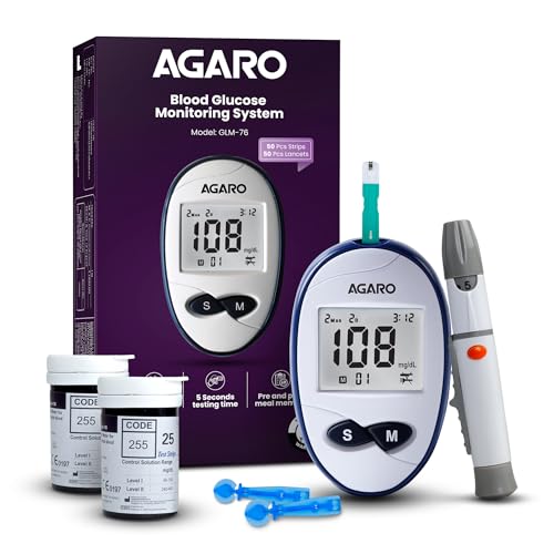 AGARO Glucometer, Blood Glucose Monitoring System with 50pcs Strips & Lancets, Glucometer Machine, Instant Blood Sugar Test at Home, Fast Blood Sugar Testing Device, Simple & Accurate, GLM-76.