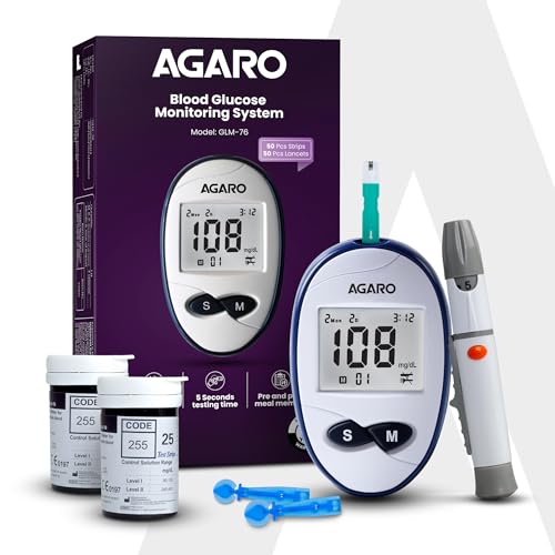 AGARO Glucometer, Blood Glucose Monitoring System with 50pcs Strips & Lancets, Glucometer Machine, Instant Blood Sugar Test at Home, Fast Blood Sugar Testing Device, Simple & Accurate, GLM-76.