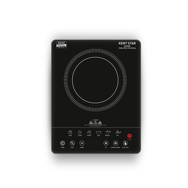 KENT Star Induction Cooktop 3000W | 6 Preset Menu | Full Microcrystalline Glass | Feather Touch Buttons & LED Display | Milk Boiling & Turbo Cooking Function | Overheat Protection & Auto Turn-Off