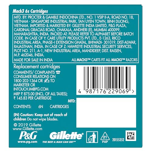 Gillette Mach3 Shaving 3-Bladed Cartridges, Pack of 6