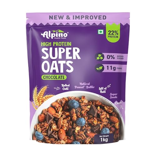 ALPINO High Protein Super Rolled Oats Chocolate 1kg - Rolled Oats, Natural Peanut Butter & Cocoa Powder – Protein, No Added Sugar & Salt, Gluten Free – As Seen on Shark Tank India