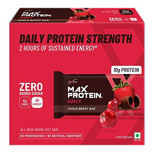 RiteBite Max Protein Daily Choco Berry Protein Bars with 10g Protein, 5g Fiber & 21 Vit. & Minerals | 0 Added Sugar, No Cholesterol & Trans Fat For Upto 2h of Energy, Healthy Snack, 50g (Pack of 6)