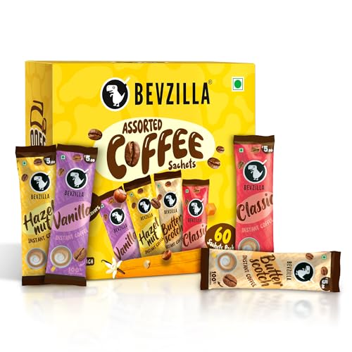 Bevzilla 60 Instant Coffee Powder Sachets(4 Flavours) - 120 Grams | Turkish Hazelnut, Colombian Gold, French Vanilla & English Butterscotch | 15 Sachets Each Flavour| Makes 60 Cups| 100 % Arabica Coffee| Strong Coffee