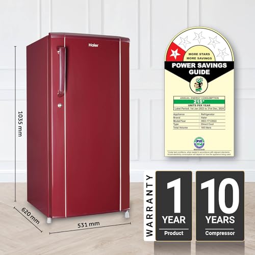 Haier 165 L, 1 Star, Direct-Cool Single Door Refrigerator (HED-171RS-P, Red Steel, 2024 Model)