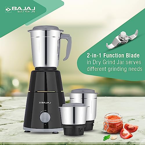 Bajaj GX-1 Mixer Grinder 500W|Superior Mixie For Kitchen|2-in-1 for Dry Grinding| Blade Function With Titan Motor|3 Stainless Steel Mixer Jars|1 Year Product Warranty By Bajaj|Black