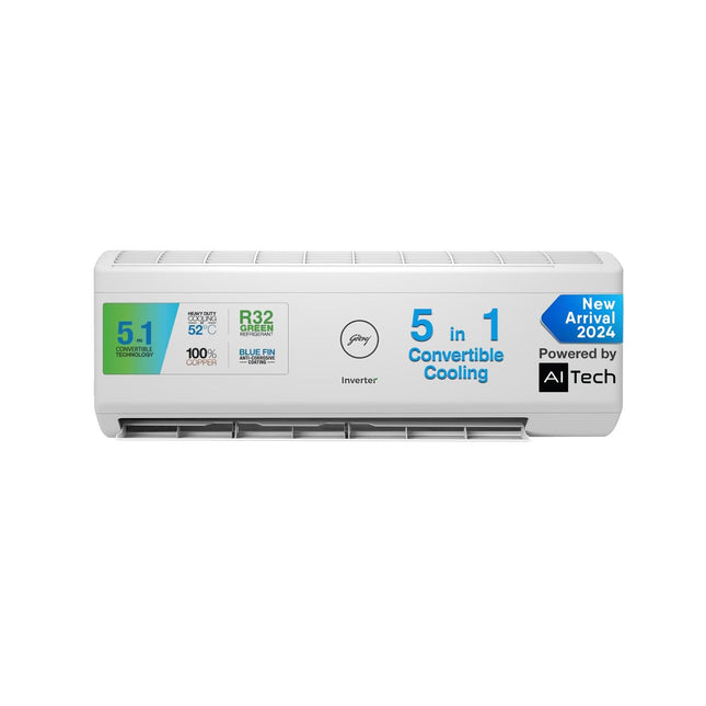 Godrej 1 Ton 5 Star, 5-in-1 Convertible Cooling, Inverter Split AC (2024 Model, Copper, Heavy-Duty Cooling at 52 Deg Celcius, AC 1T EI 12IINV5R32-WWR, White)