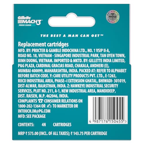 Gillette Mach 3 Manual Shaving Razor Blades For Men - 4 Count Pack (Cartridge)