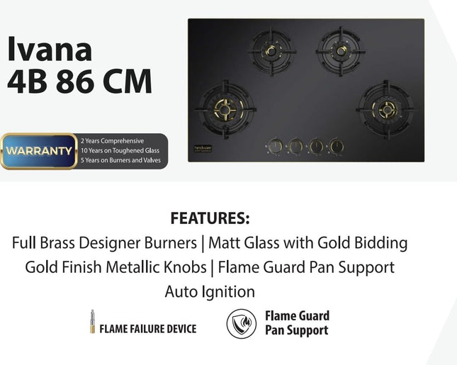 Hindware IVANA 4B 86 CM | Built in Hob With Flame Failure Device | Frost Glass with Golden Coated SS Strips | Gold Metallic Finish & Jet Black Knobs