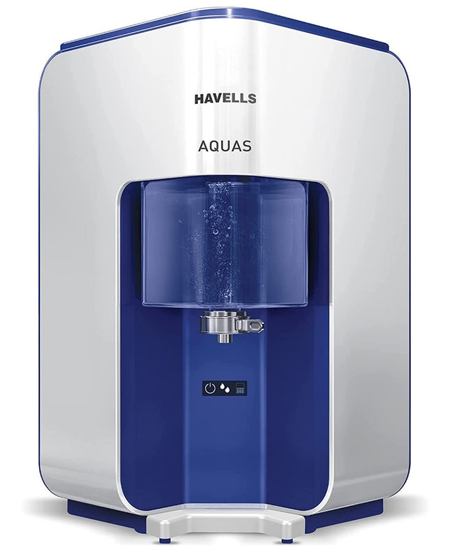 Havells AQUAS Water Purifier (White and Blue), RO+UF, Copper+Zinc+Minerals, 5 stage Purification, 7L Tank, Suitable for Borwell, Tanker & Municipal Water