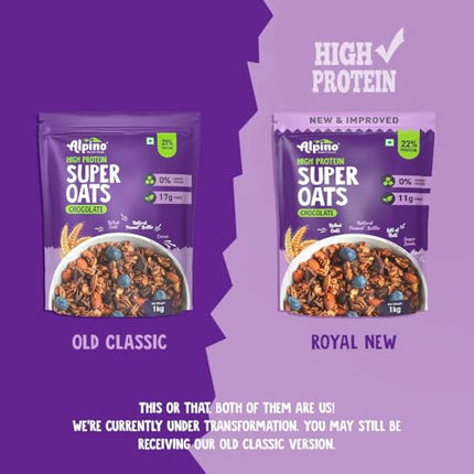 ALPINO High Protein Super Rolled Oats Chocolate 1kg - Rolled Oats, Natural Peanut Butter & Cocoa Powder – Protein, No Added Sugar & Salt, Gluten Free – As Seen on Shark Tank India