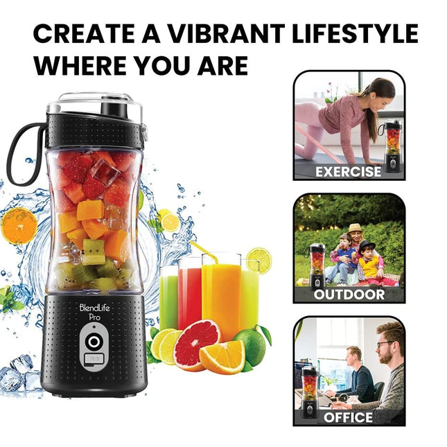 BlendLife Pro Portable Blender With Inbuilt Sipper & Carry Handle for Juices, Shakes, Smoothies, Baby Food, Crushes Hard Ingredients, 210W Motor, 4000mah USB Rechargeable Battery, 400ml - Black