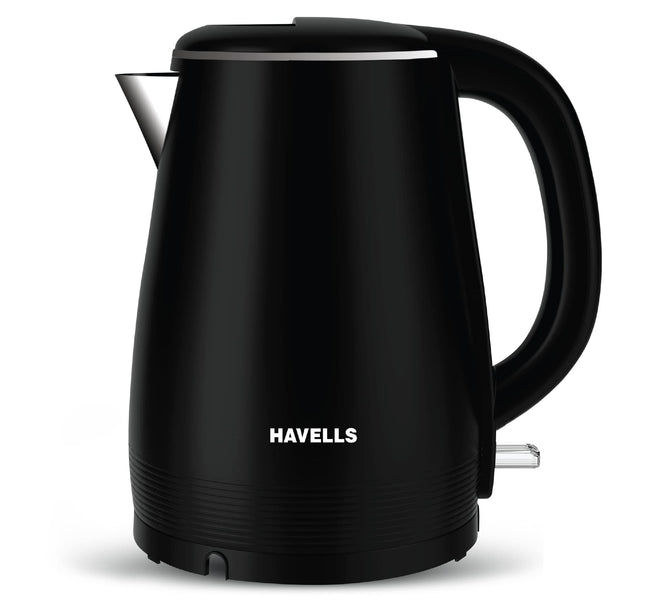 Havells Electric Kettle Altro 1250 Watts 1.5 liters, Double Layered Cool Touch Outer Body | 304 Rust Resistant SS Inner Body with Auto Shut Off | Wider Mouth | 2 Yr Manufacturer Warranty (Black)