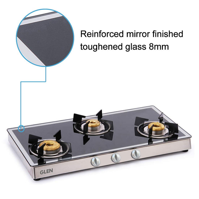 Glen 3 Burner Toughened Glass Top |Mirror Finish Glass LPG Gas Stove|Forged Brass Burners| Black|Silver |Manual Ignition| ISI Certified |Revolving Inlet Nozzle| 5 Years Warranty On Glass | 1038 GT FBM