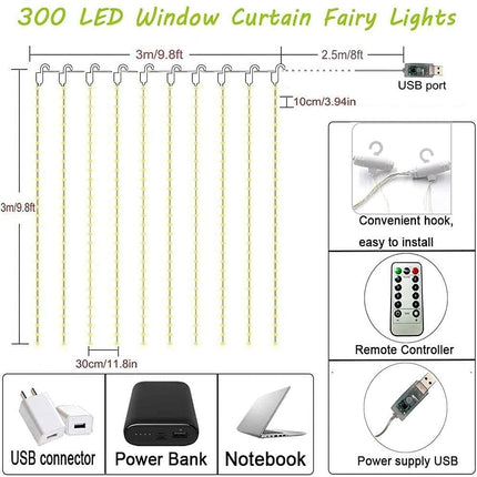 Desidiya 8 Modes Curtain Lights 300 LEDs 10 Fairy Light 3Mtr Each Indoor/Outdoor Decoration for Diwali, Christmas, Wedding, Party, Home, Patio Lawn with Remote and USB Power Supply (White), 3 meters