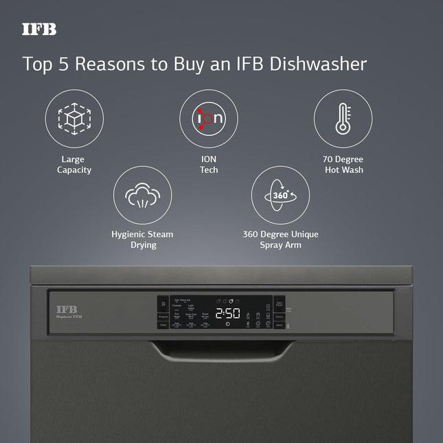 IFB 16 Place Setting Dishwasher with Ion Technology, Auto Programs, (Neptune VX16, 70 Degree Hot Water Wash, Hygienic Steam Drying, with Extra Third Rack, Inox Grey, 2024)