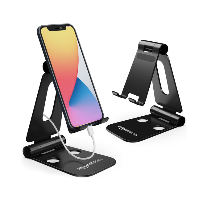 Amazon Basics Adjustable Aluminium Mobile Phone Holder | Foldable Tabletop Stand/Dock/Mount for All Smartphones, Tabs, Kindle, iPad (Black)