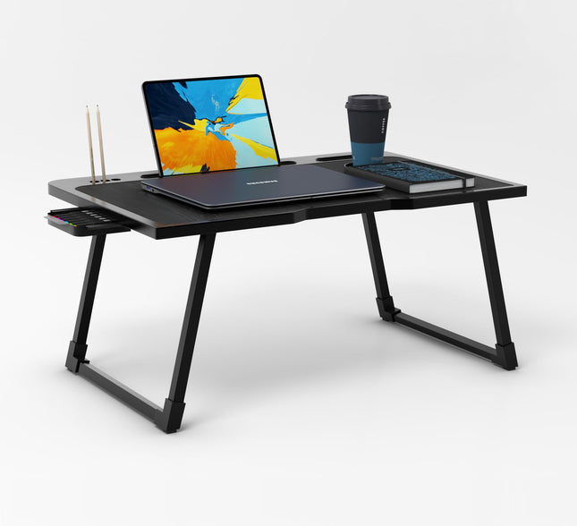 Cubiker Multipurpose Foldable Laptop Table with Cup Holder | Table Home Study Writing Table, Bed Table, Breakfast Table, Foldable and Portable/Ergonomic Edges (Black - 60[L] x 40[W] x 24[H] cm)