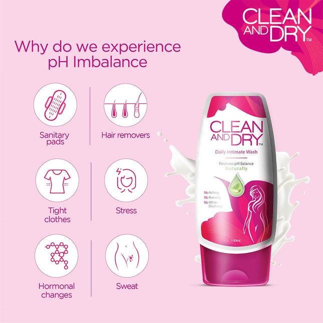 Clean and Dry| Daily Intimate Wash| Hygiene Wash For Women, Vaginal Wash | Prevents Infections | No Itching, Burning, White Discharge| 190ml