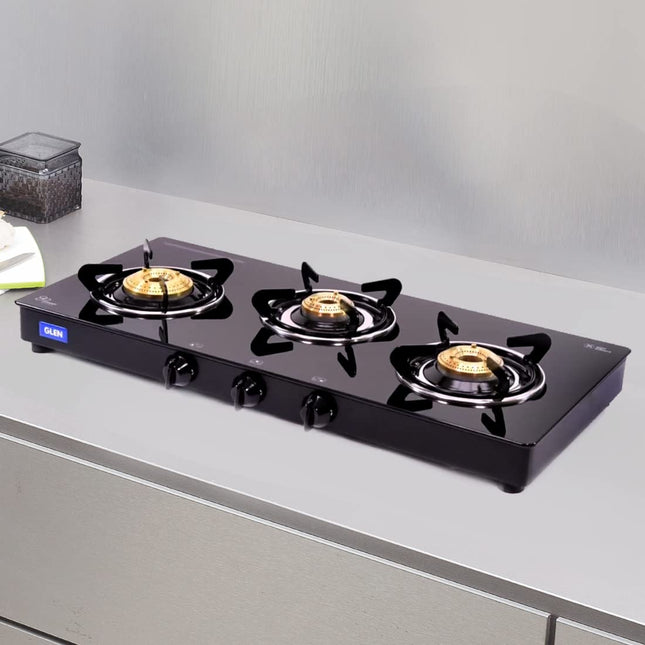 Glen 3 Burner Gas Stove Auto Ignition with SS Drip Tray (CT3B73BLBBAI Cooktop, Black)