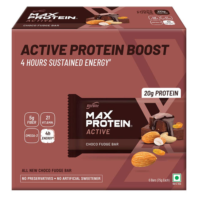 RiteBite Max Protein Active Choco Fudge Protein Bars with 20g Protein, 5g Fiber & 21 Vit. & Minerals | No Cholesterol & Trans Fat For Upto 4h of Energy, Healthy Snack, 75g (Pack of 6)