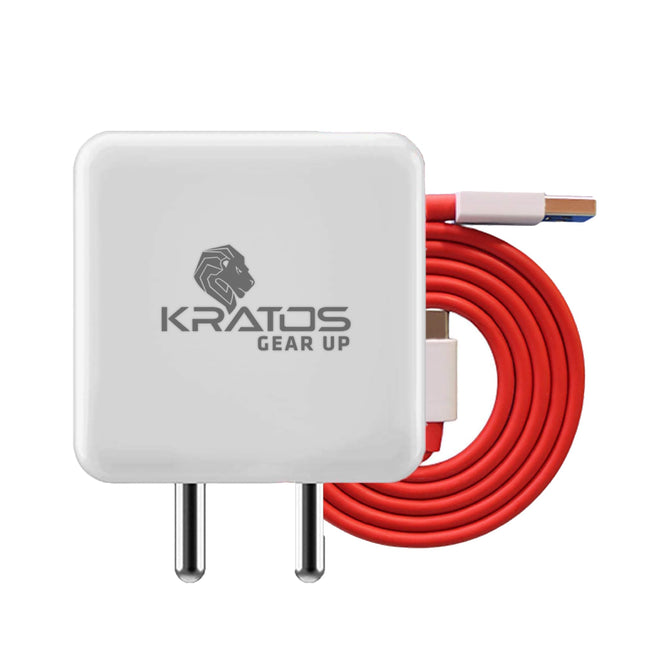 Kratos Fast Charger with USB-A to Type C Cable Combo, Compatible with OnePlus, Realme, Xiaomi, Redmi, Nothing, Oppo, Vivo & Other Smartphones, Type C Charger Supports Dash, Warp, Vooc,SuperVooc charge