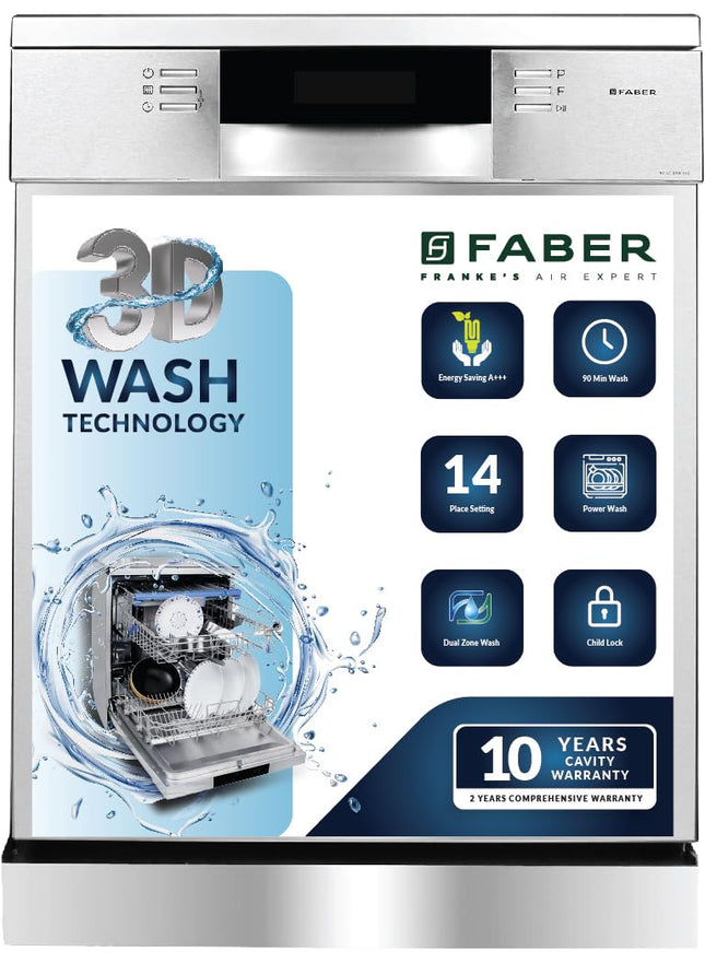 Faber 14 Place Settings Dishwasher ( FFSD 8PR 14S, Silver, Power 3D Wash for Tough Stains, Silent operation )