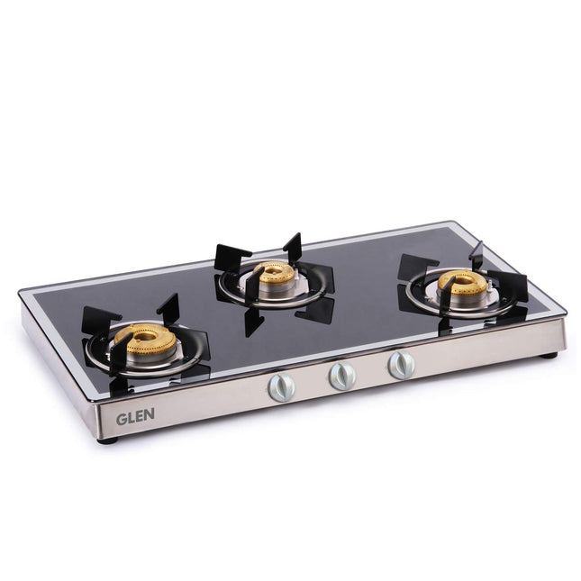 Glen 3 Burner Toughened Glass Top |Mirror Finish Glass LPG Gas Stove|Forged Brass Burners| Black|Silver |Manual Ignition| ISI Certified |Revolving Inlet Nozzle| 5 Years Warranty On Glass | 1038 GT FBM