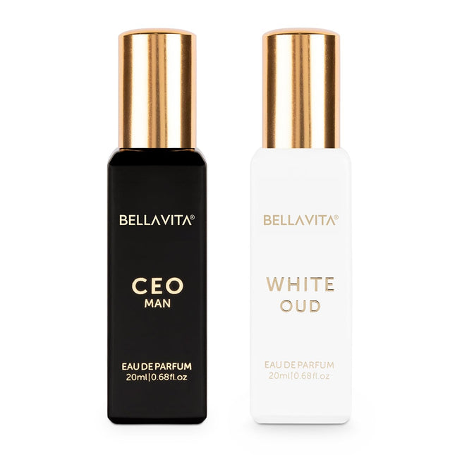 Bella Vita Luxury CEO Man & White Oud Unisex Perfume Combo with Tonka, Agarwood & Orange | Woody Long Lasting EDP Fragrance Scent, Pack of 2, 20 ml Each