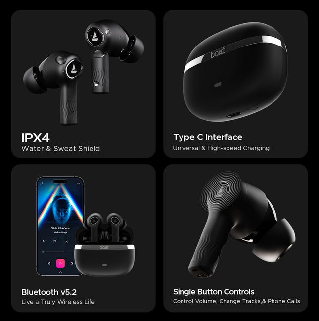 boAt Nirvana Ion Truly Wireless in Ear Ear Buds w/ 120 HRS Playback(24hrs/Charge), Crystal Bionic Sound w/Dual EQ Modes, Quad Mics ENx™ Technology, in Ear Detection(Charcoal Black)