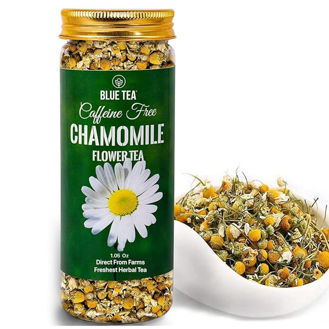 BLUE TEA - Chamomile Tea - 30 gm - 30 Cups || CALMING TEA || Herbal Tea - Caffeine Free - Flower Based - Vegan - Non-Bitter - Non-GMO - 100% Natural | Pet Jar Packaging