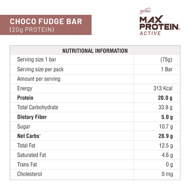 RiteBite Max Protein Active Choco Fudge Protein Bars with 20g Protein, 5g Fiber & 21 Vit. & Minerals | No Cholesterol & Trans Fat For Upto 4h of Energy, Healthy Snack, 75g (Pack of 6)