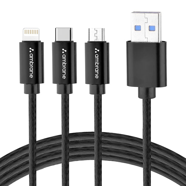 Ambrane Unbreakable 3 in 1 USB Fast Charging Cable with Type C, Lightning, Micro USB Port with 2.1 A, Compatible with iPhone, iPad, Samsung, OnePlus, Mi, Oppo, Vivo, Xiaomi, 1.25M (Trio-11, Black)