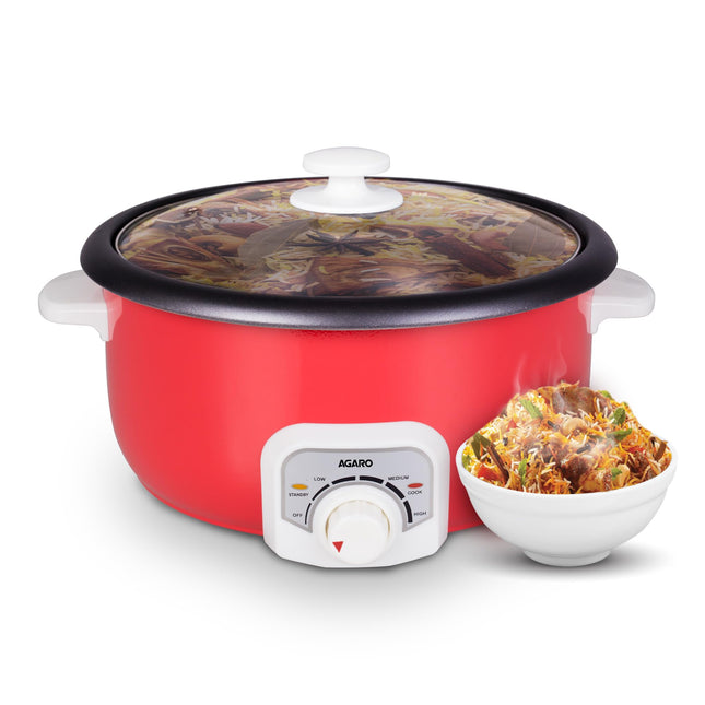 AGARO Regal Electric Multi Cooking Pot, 3L, 1200W, Steamer, Fryer, Aluminium Pot, Glass Lid, Adjustable Temperature Control, Rice, Veggies, Red.