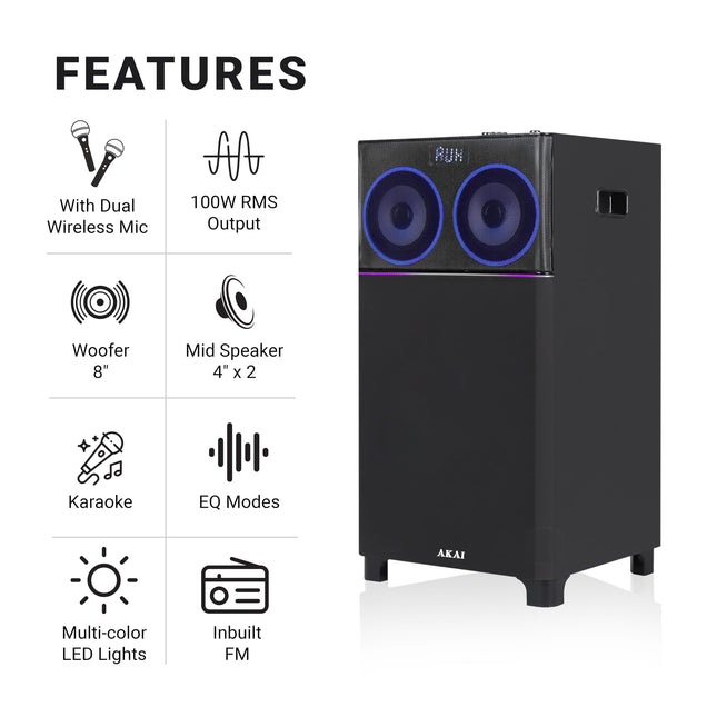 AKAI Bluetooth Party Speaker with Mic High Bass & Sound - Dynamic LED Lights 100W Home Theater Music System - Karaoke Speaker with Mic System - Support, AUX, USB