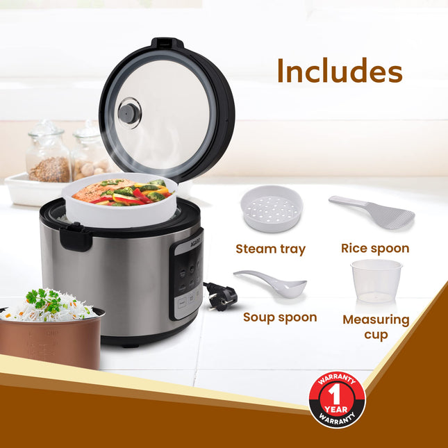 AGARO Royal Electric Rice Cooker, 5L Ceramic Coated Inner Bowl, Steam Basket, 6 Preset Cooking Function with Advanced Fuzzy Logic, Keep Warm Function, Cooks up to 8 Cups (1500g) of Raw Rice, Silver.