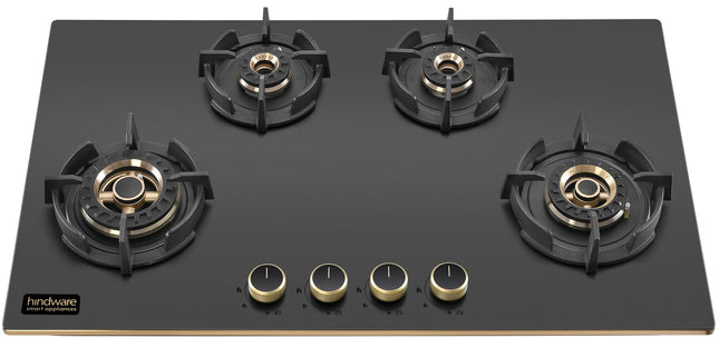 Hindware IVANA 4B 86 CM | Built in Hob With Flame Failure Device | Frost Glass with Golden Coated SS Strips | Gold Metallic Finish & Jet Black Knobs