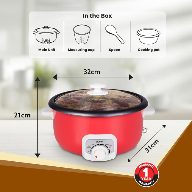 AGARO Regal Electric Multi Cooking Pot, 3L, 1200W, Steamer, Fryer, Aluminium Pot, Glass Lid, Adjustable Temperature Control, Rice, Veggies, Red.