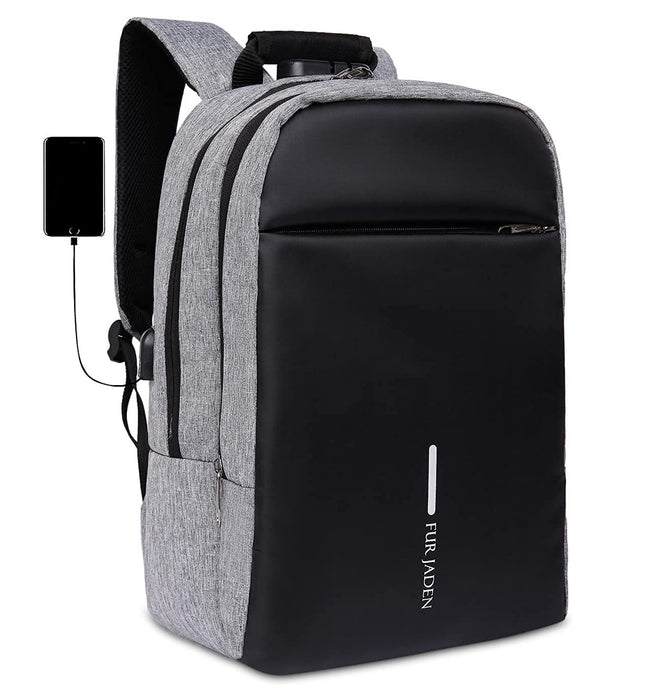 FUR JADEN Anti Theft Number Lock Backpack Bag with 15.6 Inch Laptop Compartment, USB Charging Port & Organizer Pocket for Men Women Boys Girls (Grey)