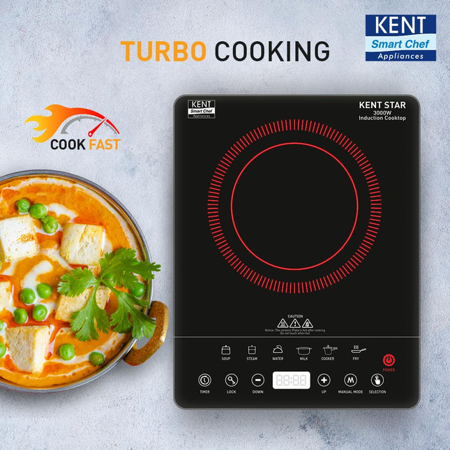 KENT Star Induction Cooktop 3000W | 6 Preset Menu | Full Microcrystalline Glass | Feather Touch Buttons & LED Display | Milk Boiling & Turbo Cooking Function | Overheat Protection & Auto Turn-Off