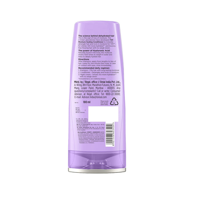 L'Oreal Paris Moisture Sealing Conditioner, With Hyaluronic Acid, For Dry & Dehydrated Hair, Adds Shine & Bounce, Hyaluron Moisture 72H, 180ml