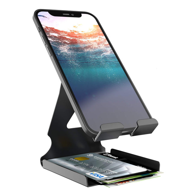 ELV Universal Mobile Phone Tabletop Stand Holder Mount with Inbuilt Cable Organiser and Card Holder - Black